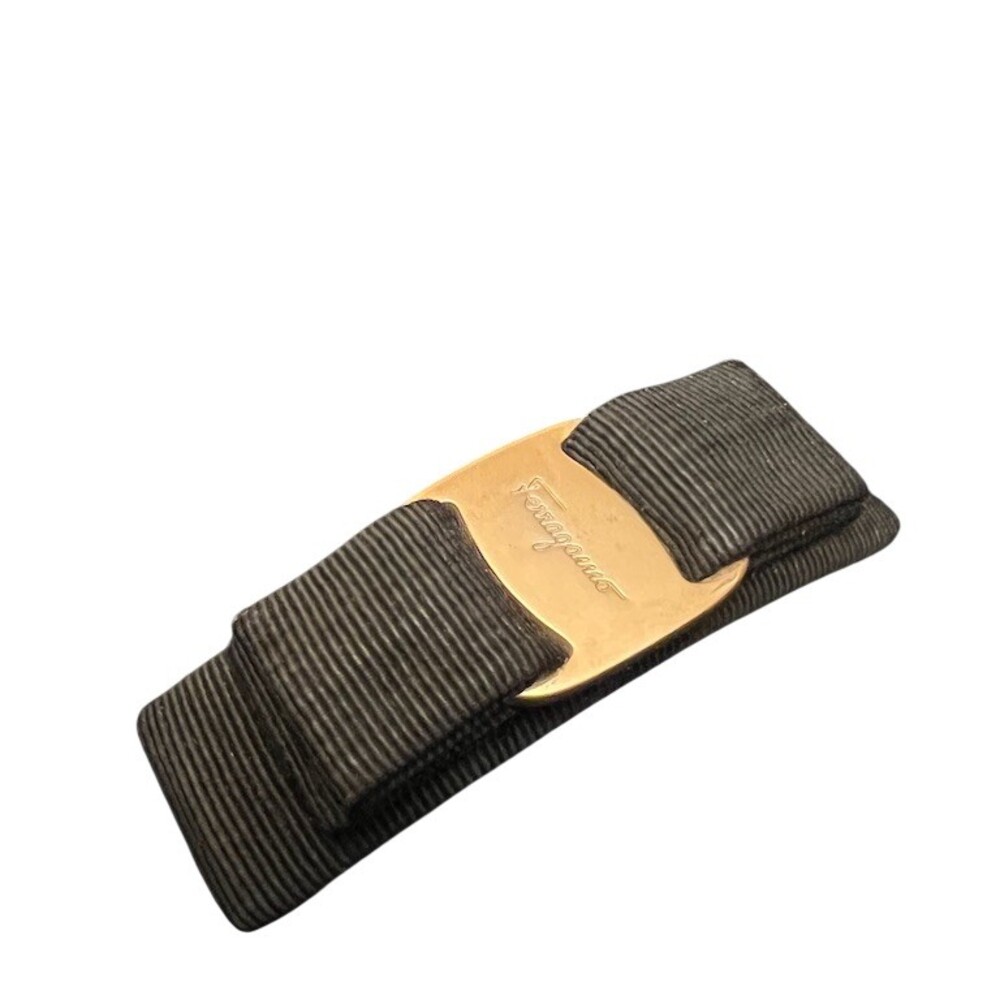 Salvatore Ferragamo Vara Bow Barrette Hair Clip Black Gold Tone Logo